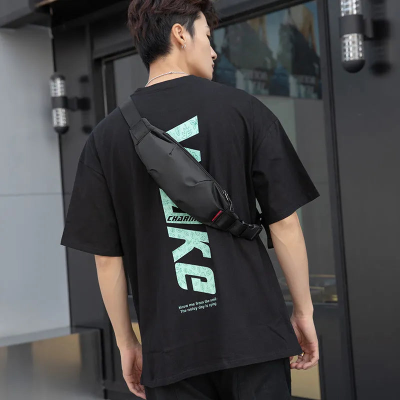 Black Oxford cloth waist pack with zipper opening showing internal mobile phone and ID card pockets