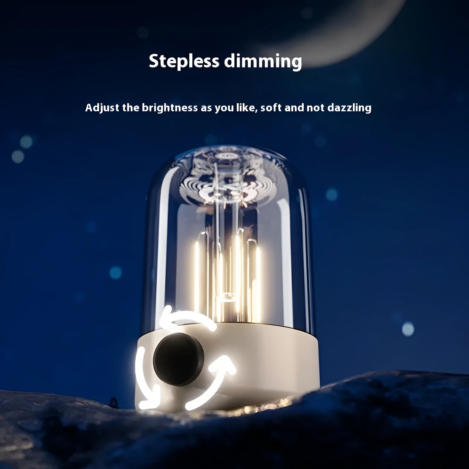 Beige and black multifunctional camping ambience light with an analog brightness knob and USB port.