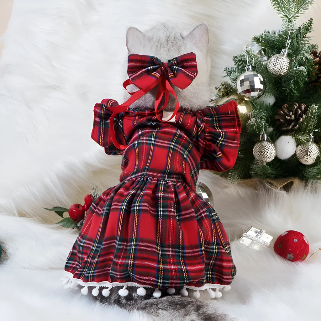 Red Christmas tartan pet skirt with matching bow tie and head flower accessories