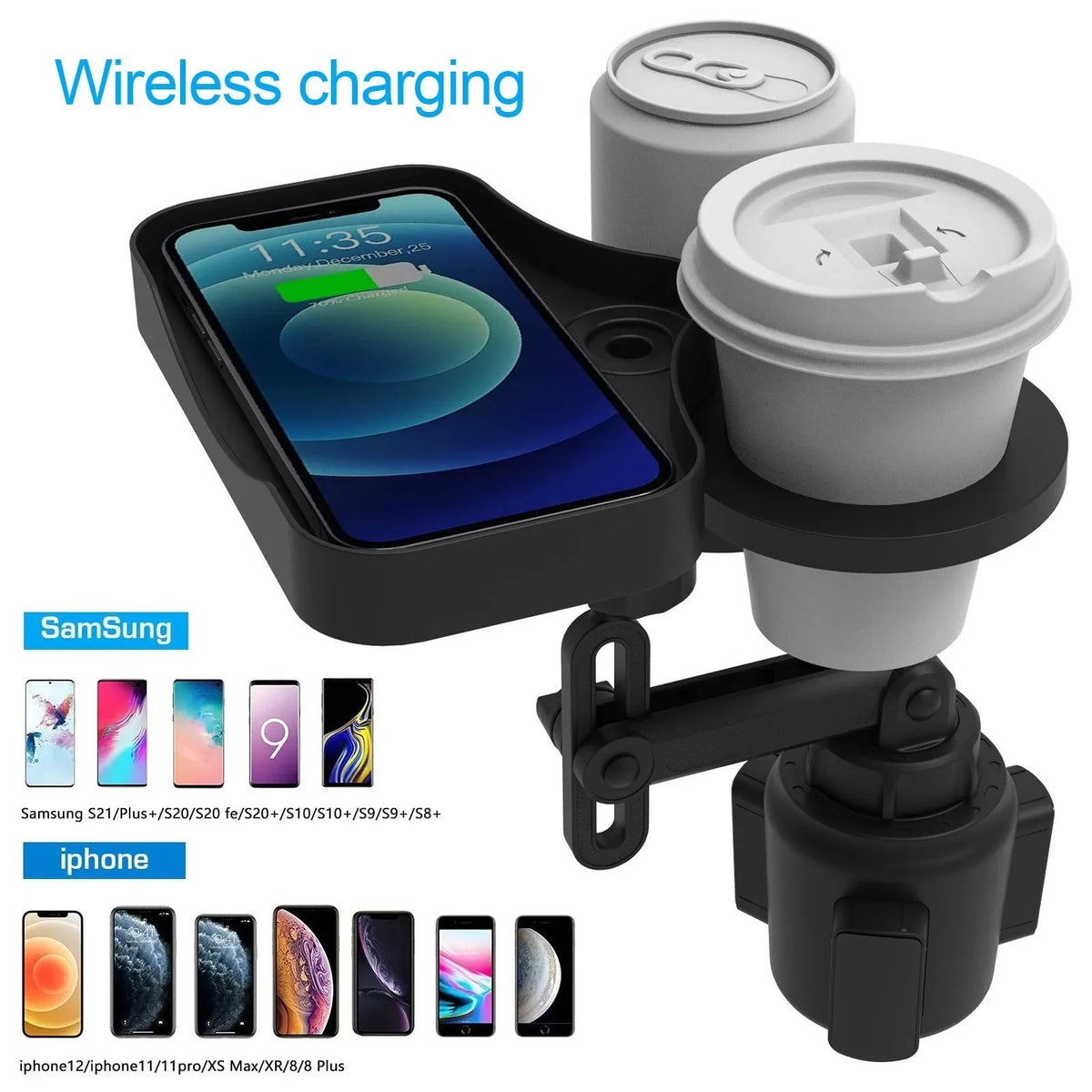 Car cup holder with wireless charging, ABS dashboard mount, 15W output, Type-C line, instrument panel use.