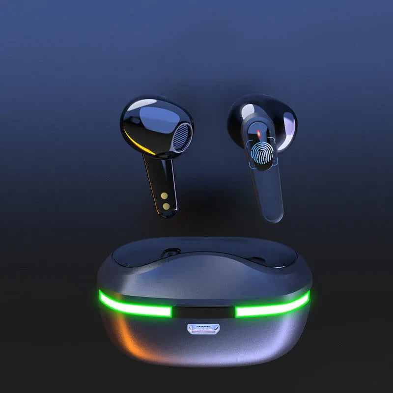 Black Pro60 Bluetooth wireless headset with half in-ear earpieces and charging cabin on a matte surface.