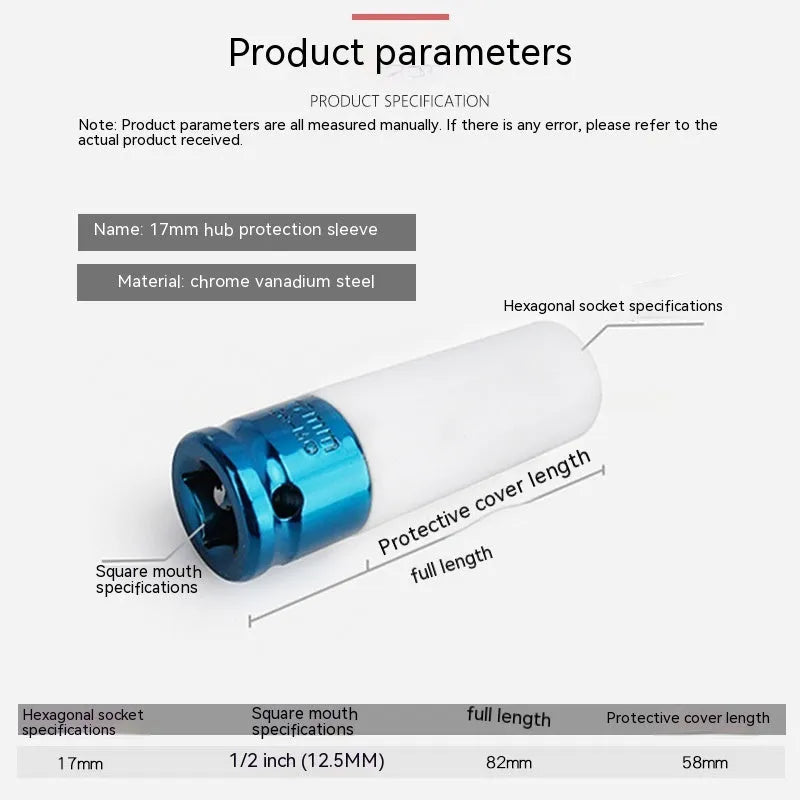 45# steel hexagon socket for pneumatic wrench in 17mm, 19mm, 21mm, and 22mm sizes.