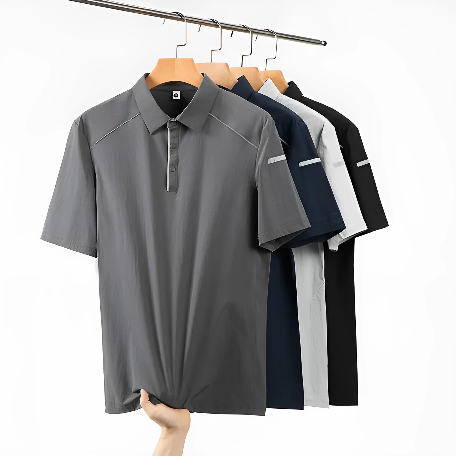 Men's solid colour short sleeve polo shirt in quick-dry nylon fabric for summer.