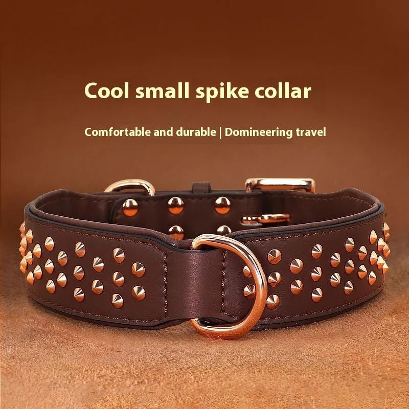 Leather dog collar with anti-bite rivets in black, chocolate, or pink colour, sizes L and XL