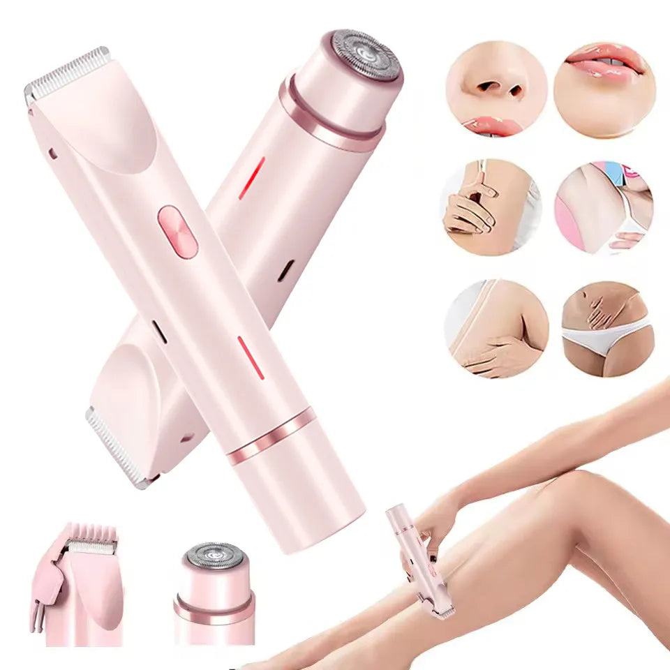Pink women's electric razor and trimmer with two heads, USB cable, and brush on a white background.
