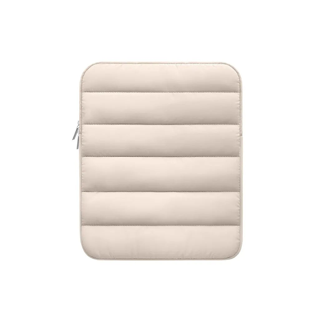Puff Bag Fluffy Air Feeling Laptop Sleeve in black showing elastic sides and waterproof polyester lining