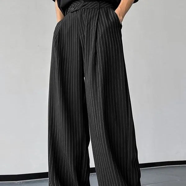 Men's black vertical striped pleated casual trousers showing high elasticity fabric and rabbit hair bamboo fibre blend