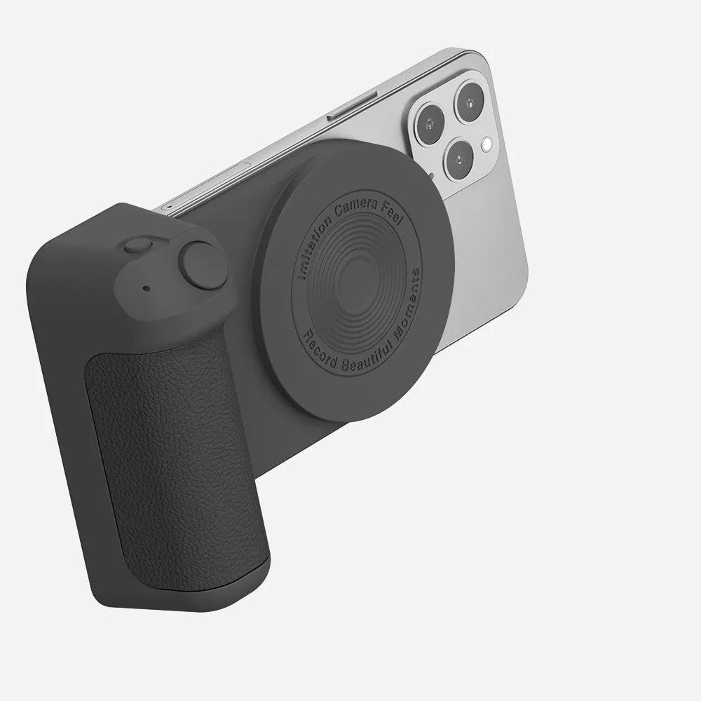 Black magnetic camera grip phone holder showing rotatable axis and ergonomic PU leather handle.