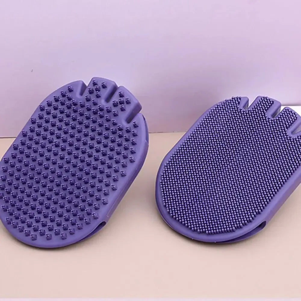 Purple pet shampoo massage brush with soft TPR bristles and ergonomic handle for dog and cat grooming