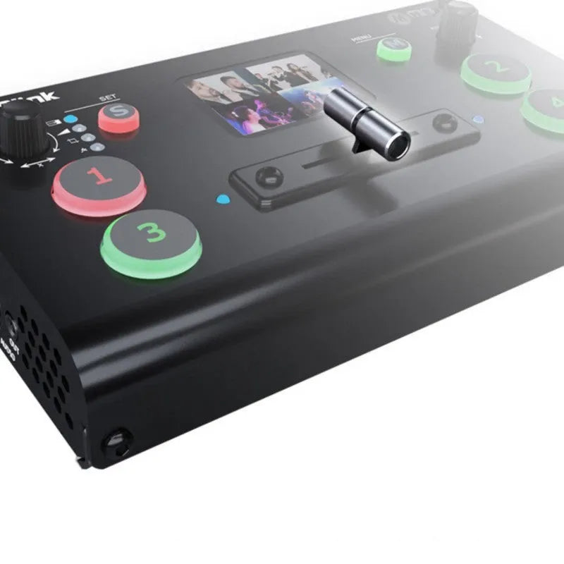 RGBLINK HDMI video switcher front panel showing TFT screen, T-Bar switch, and four HDMI inputs.