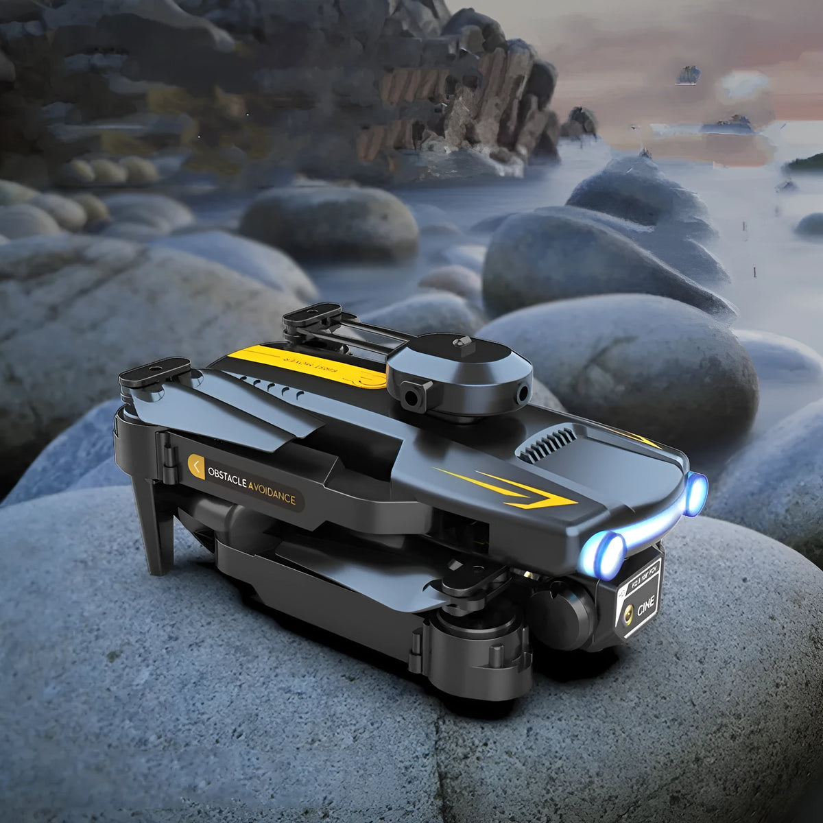 Black or blue dual-lens toy drone with four-channel remote, optional optical flow positioning, and 4K-listed camera