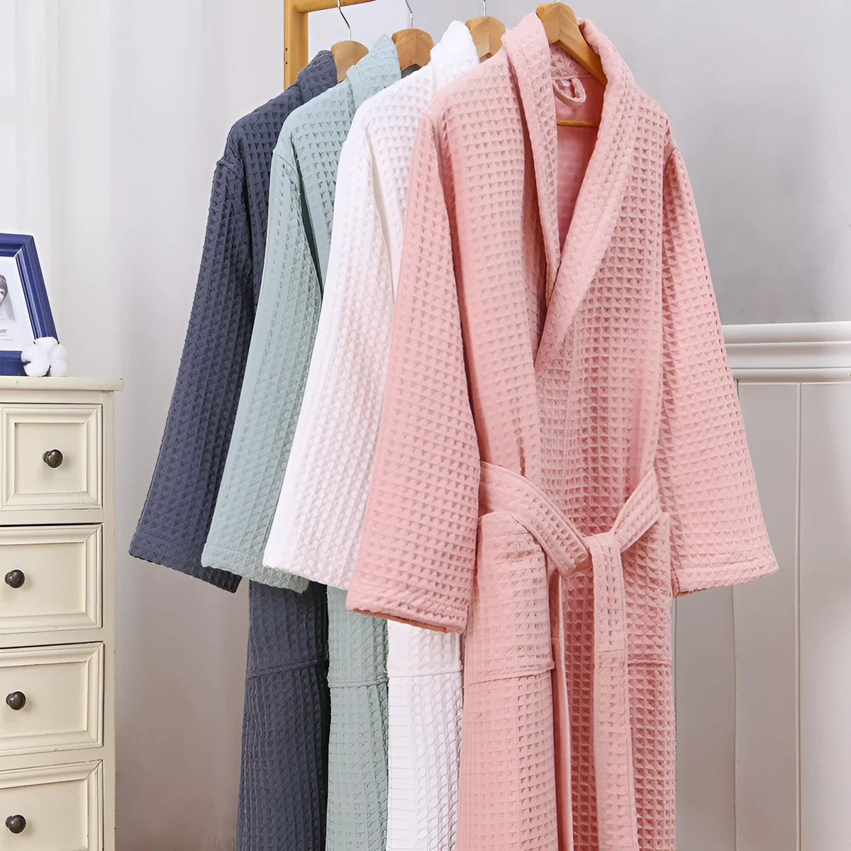 Cotton double waffle unisex long robe in white, pink, grey, and green, sizes M L XL