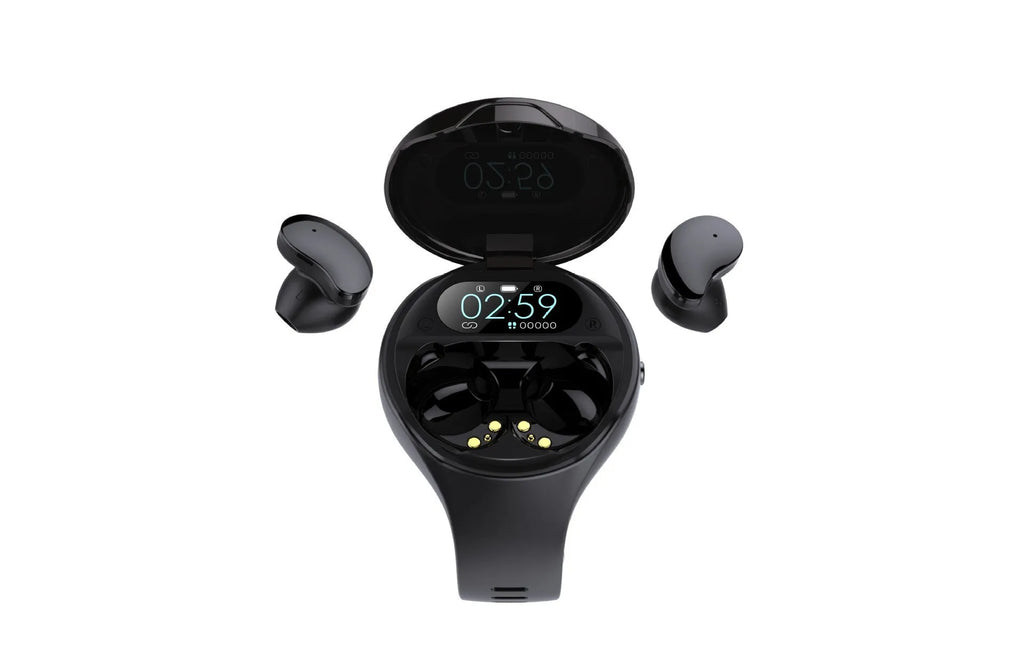Black Bluetooth headset with detachable smart bracelet showing colour screen, earbuds, and charging cable
