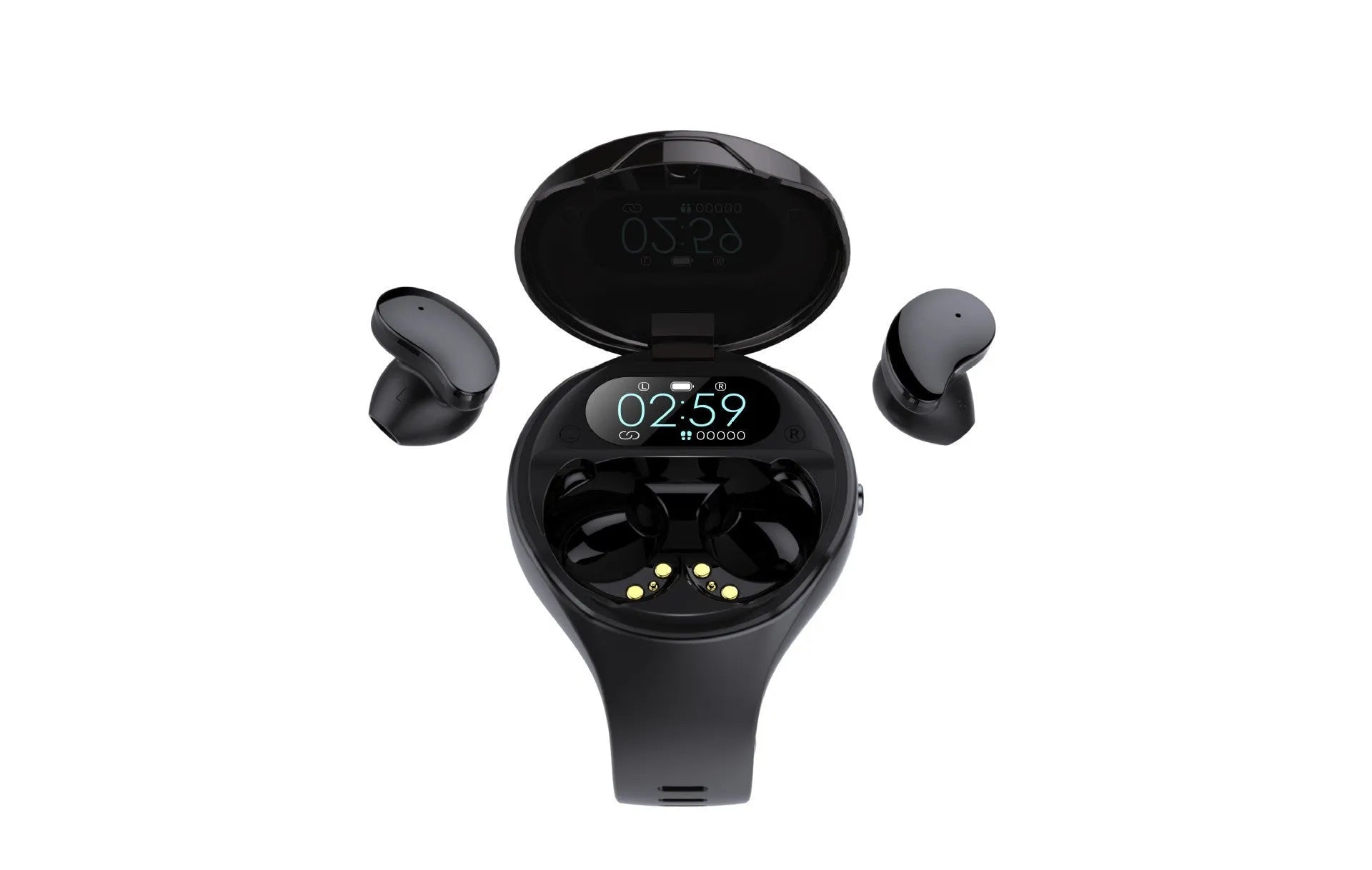Black Bluetooth headset with detachable smart bracelet showing colour screen, earbuds, and charging cable