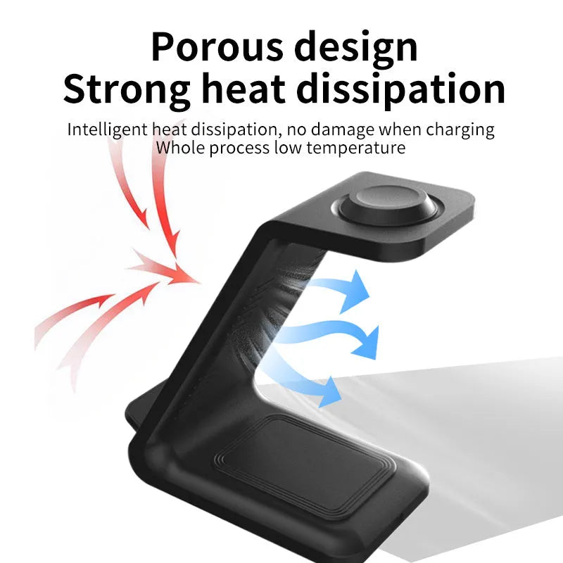 White 3-in-1 wireless charger with phone in upright holder, earbuds on charging pad, and smartwatch on charger