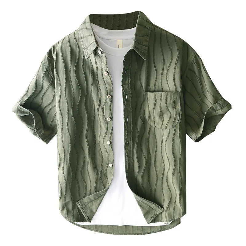 Men's apricot pure cotton short sleeve shirt with loose Japanese style and washing water finish