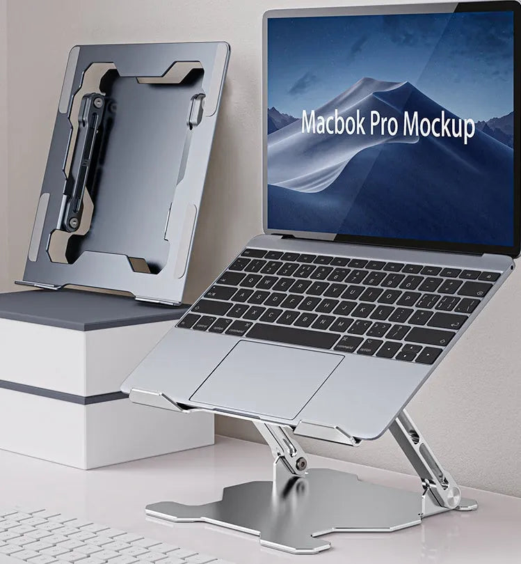 Grey aluminium alloy laptop stand folded flat with adjustable angle and silicone pads