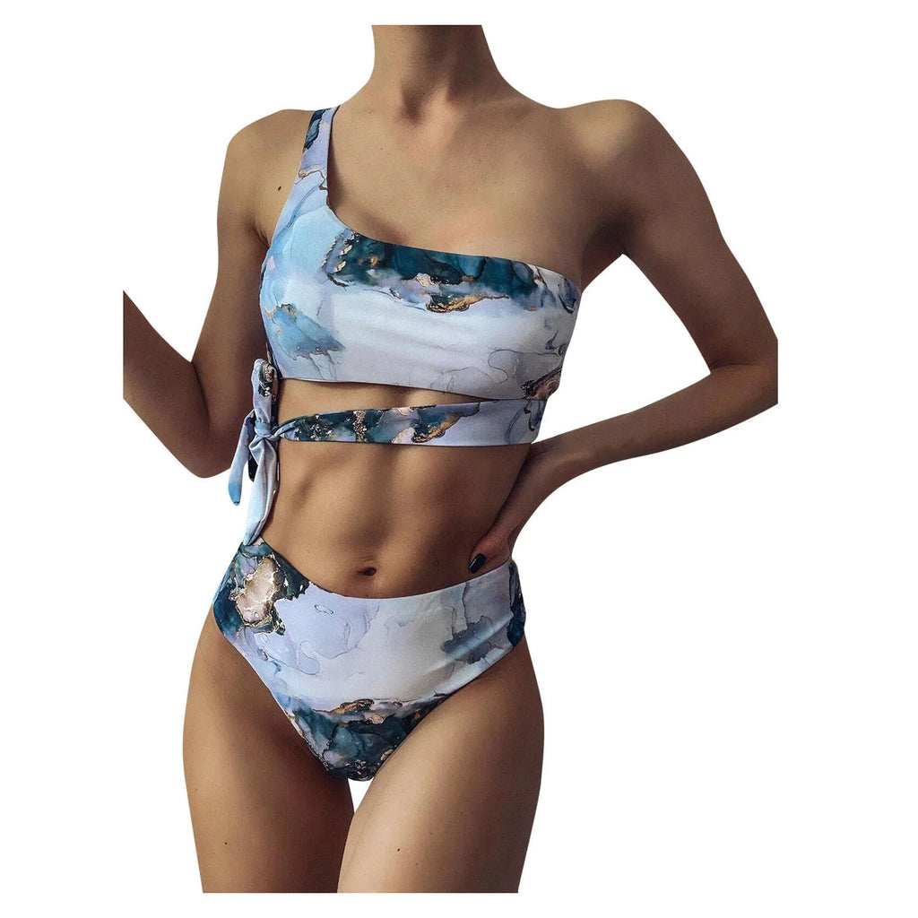 Women's marble tie-dye bikini set with U-neck top and high-waist briefs in various colours for swimming