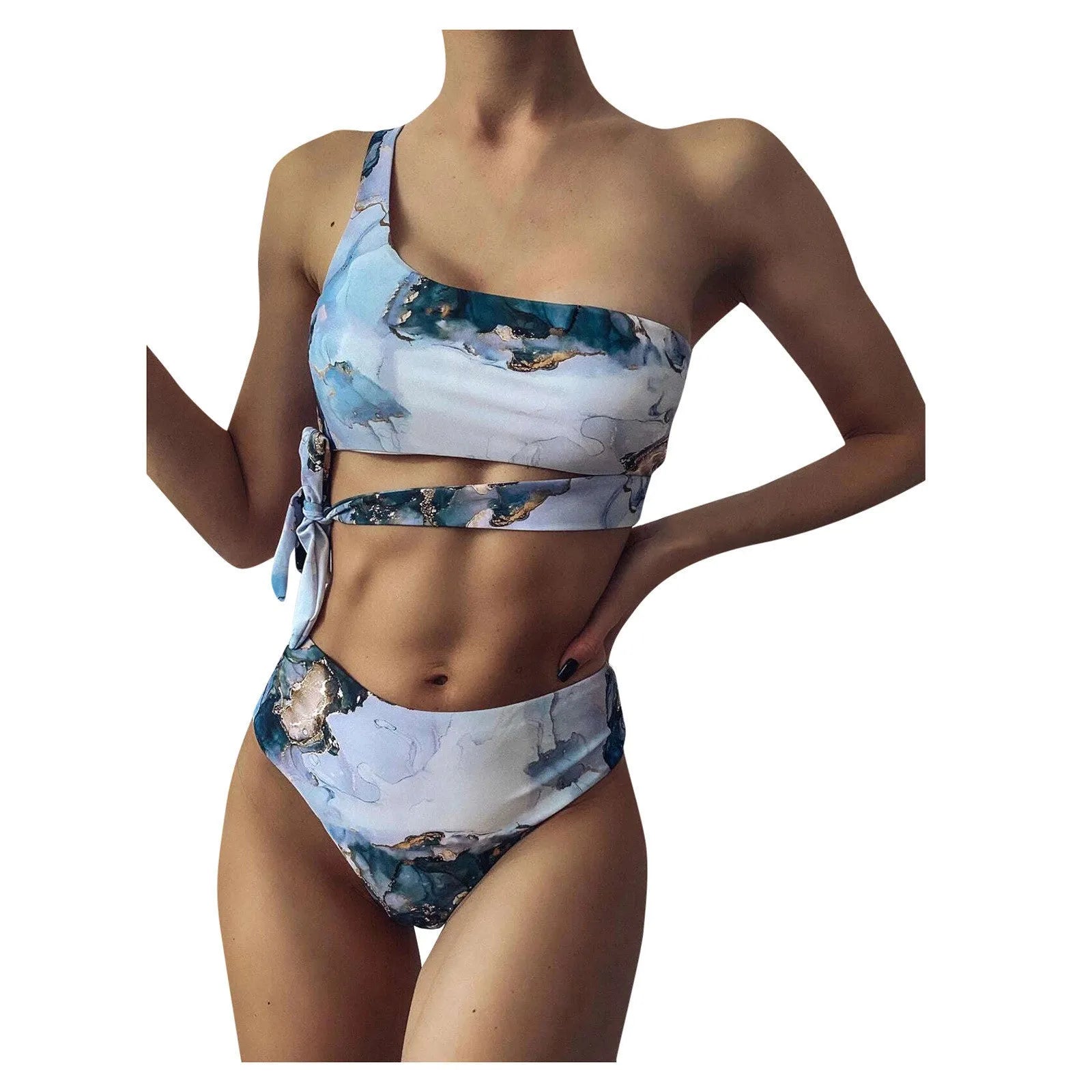 Women's marble tie-dye bikini set with U-neck top and high-waist briefs in various colours for swimming