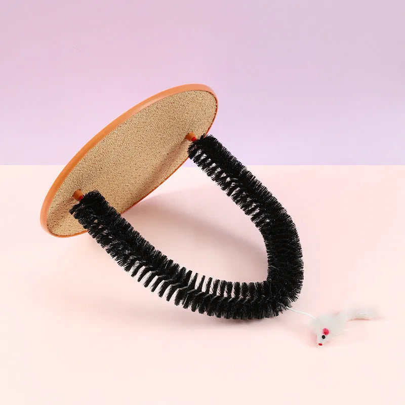 Black arch-shaped cat scratching brush with mouse toy attachment on non-slip base