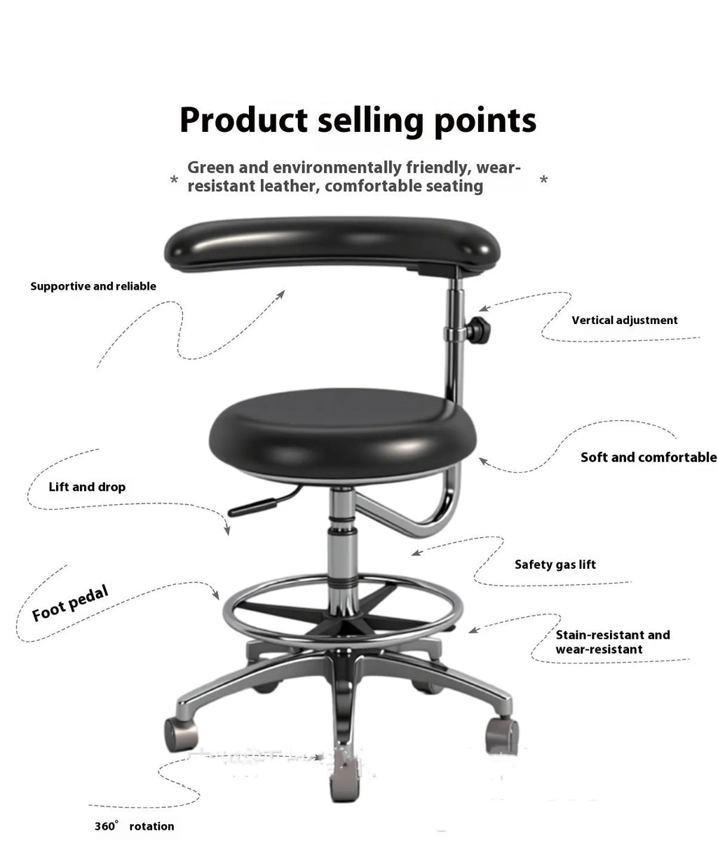 Black leather dental chair with adjustable height for clinical use