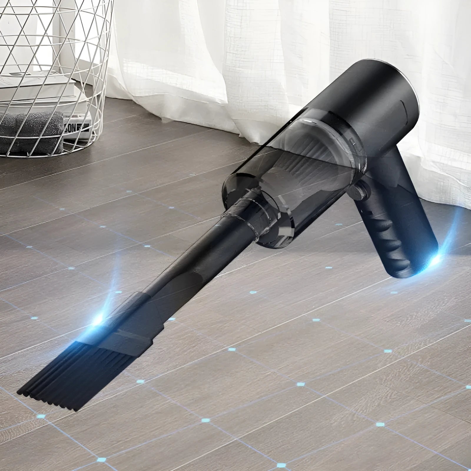 Black handheld portable cordless car vacuum cleaner with USB charging cable.