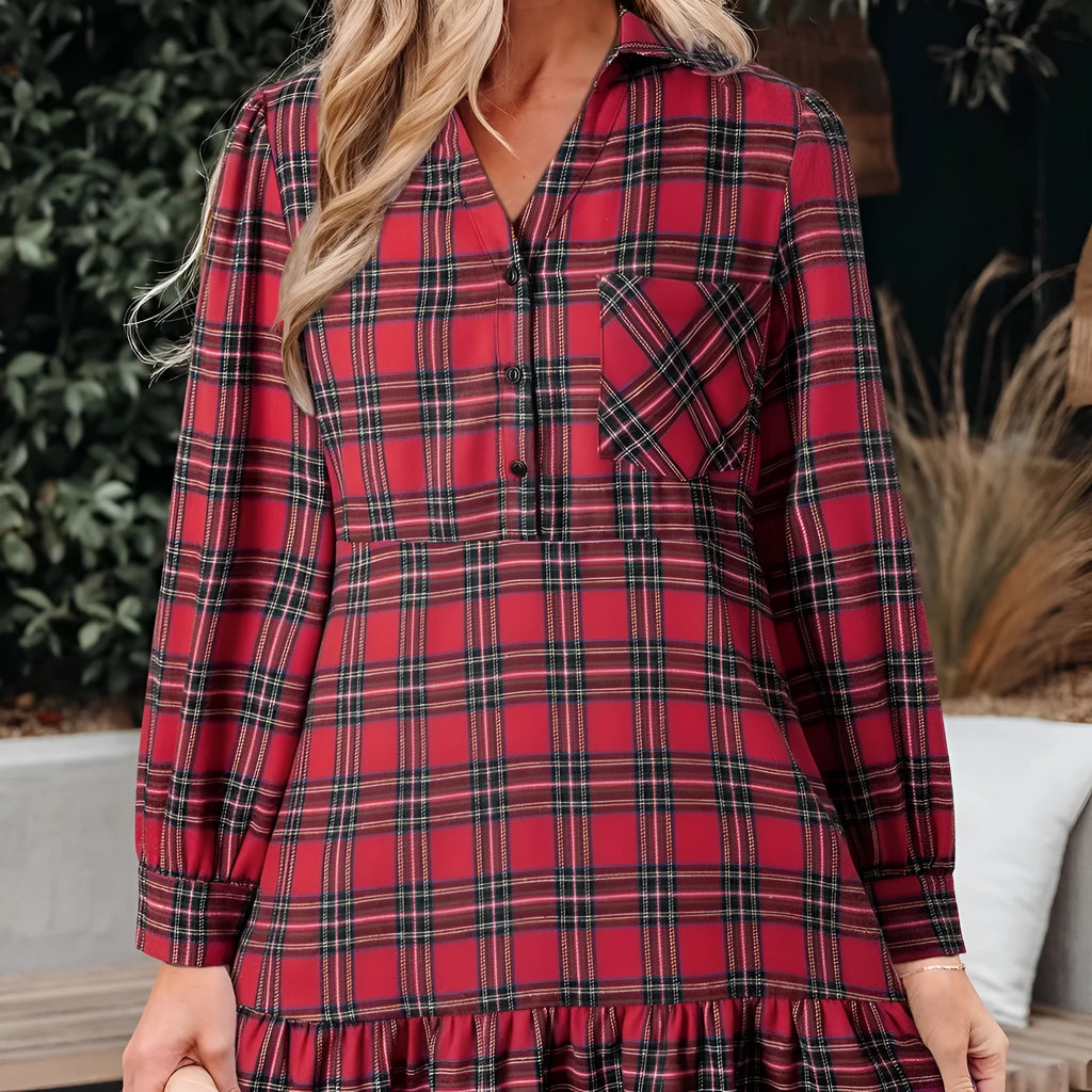 Red and black plaid mini dress with a shirt collar, half-button front, long sleeves, and a ruffle hem.