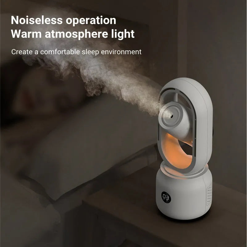 White bladeless USB rechargeable table fan with humidifier tank and control display
