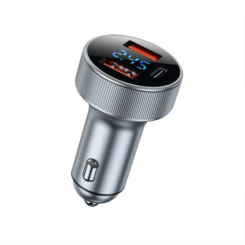 Black aluminium alloy car charger with digital display and three charging ports