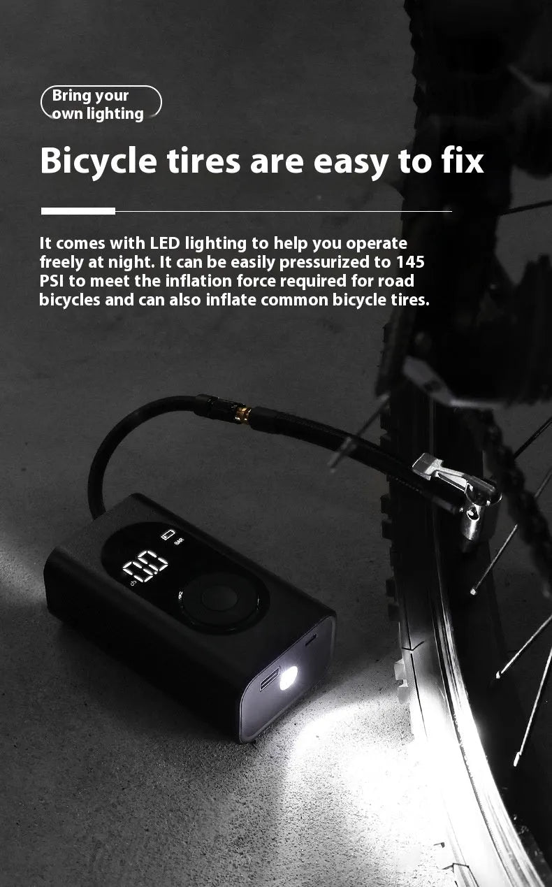 Portable wireless tyre inflator for cars motorcycles bicycles with power bank and torch functions