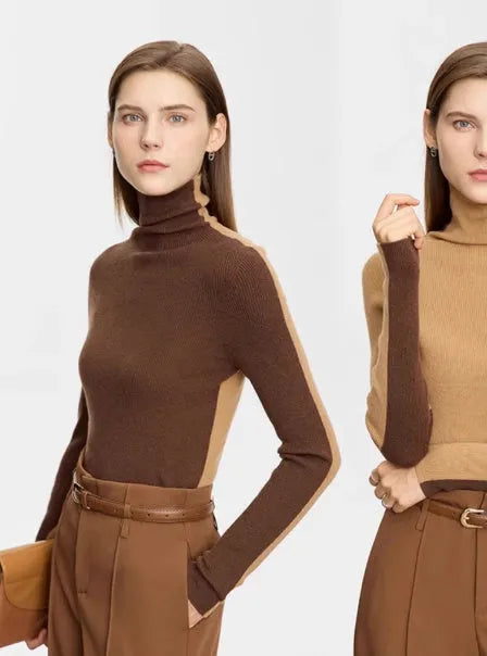 Women's color-block turtleneck wool sweater in retro green, slim fit long sleeve pullover
