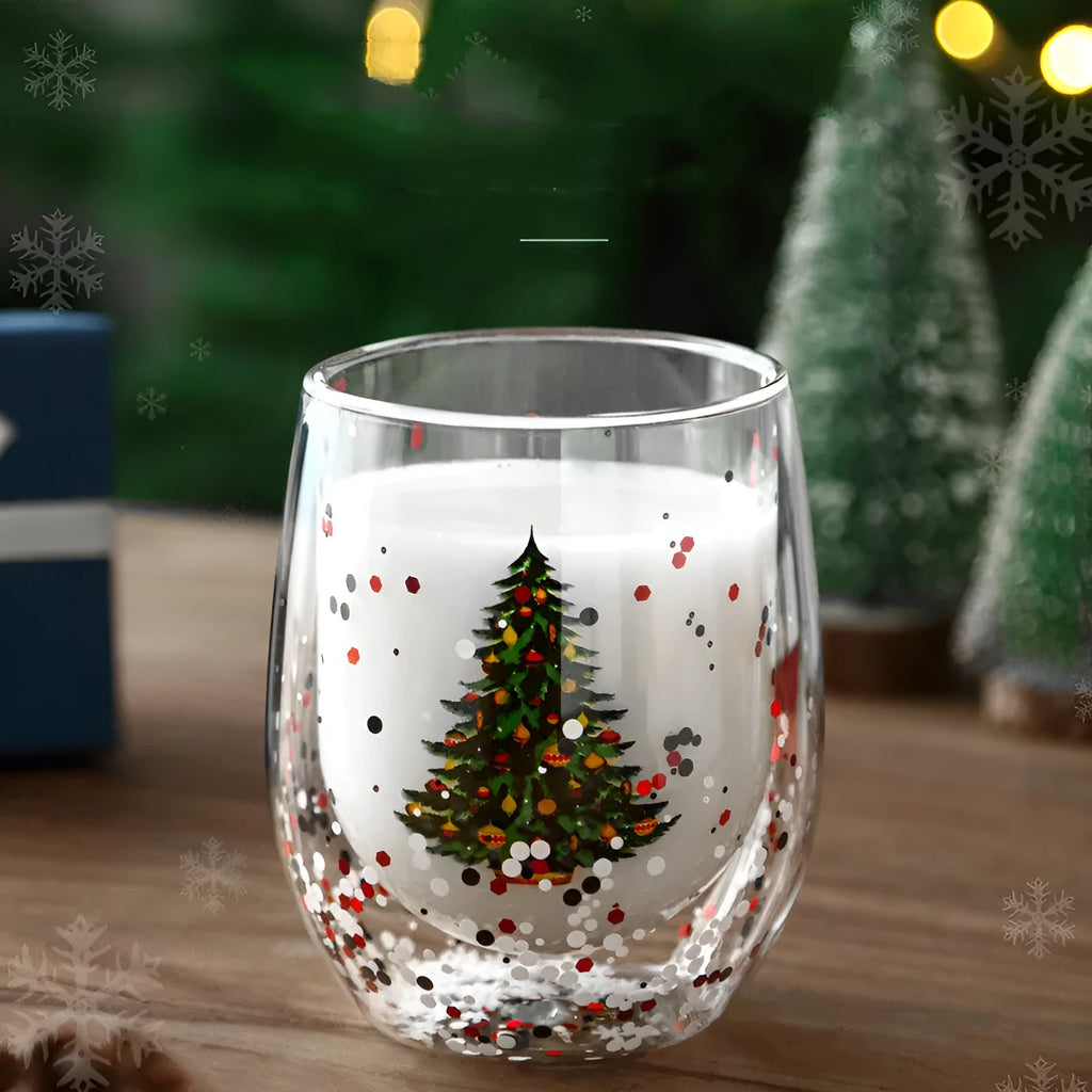 Christmas tree cup with flowing sequins and floral pattern, double-layer high boron silicon, 301-400ml, egg-shaped coffee cup