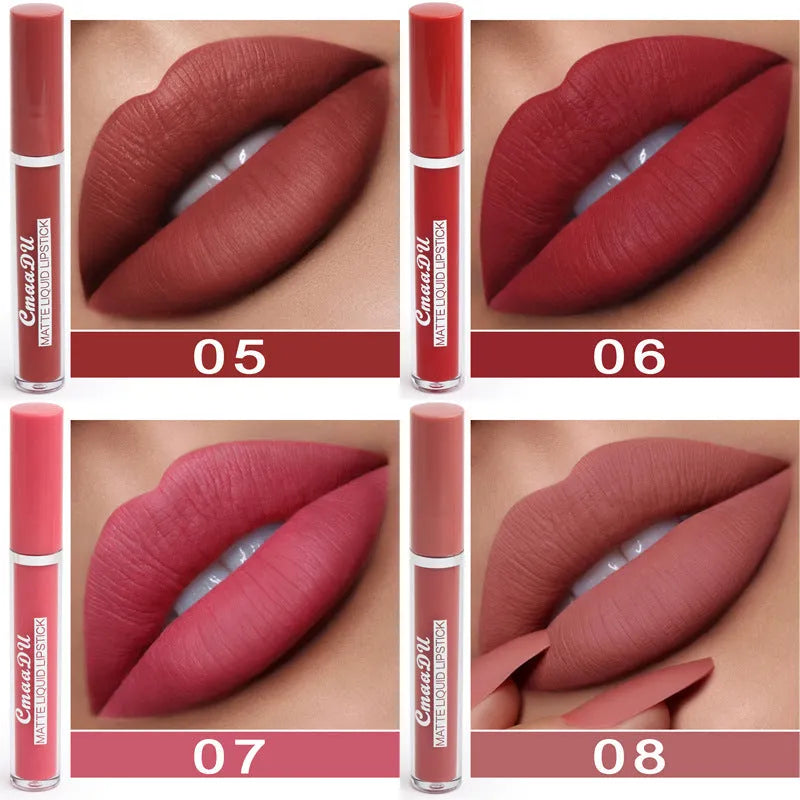 Ten matte lipsticks in packaging with waterproof non-transfer formula