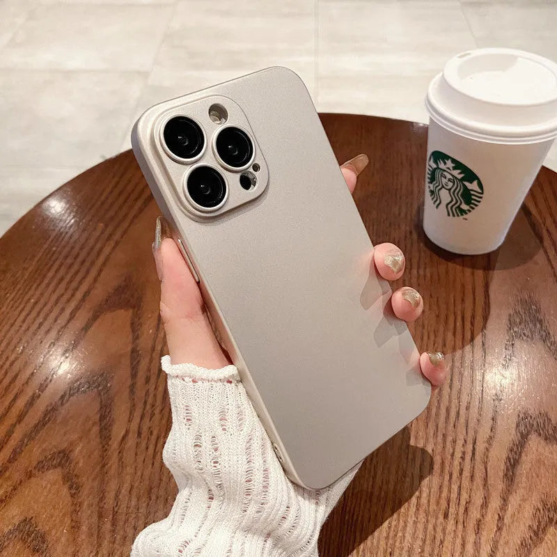 Ultra-thin frosted PC phone case with all-inclusive lens cover, available in green, grey, or purple for iPhone models.