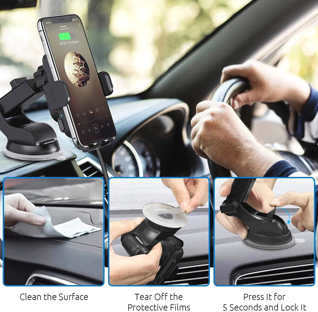 Black car wireless charging stand mounted to dashboard with 15W fast charging for smartphones