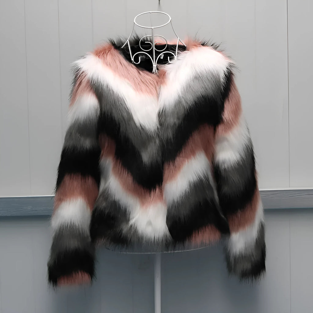Korean style women's artificial fur short coat with O-neck and regular sleeves in picture colour