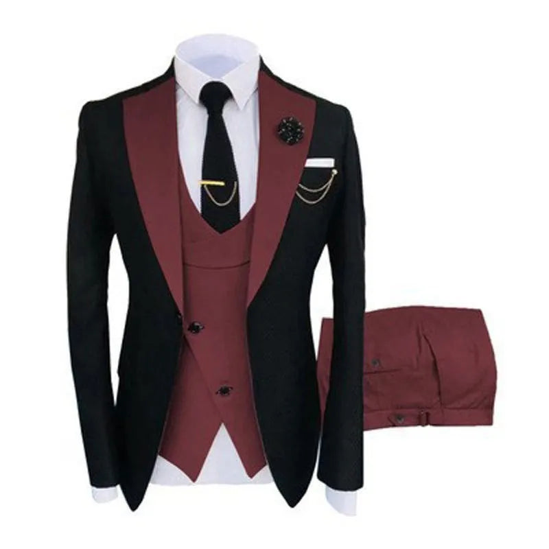 Men's slim fit three-piece business suit in cotton fabric with coat, vest, and trousers for formal occasions