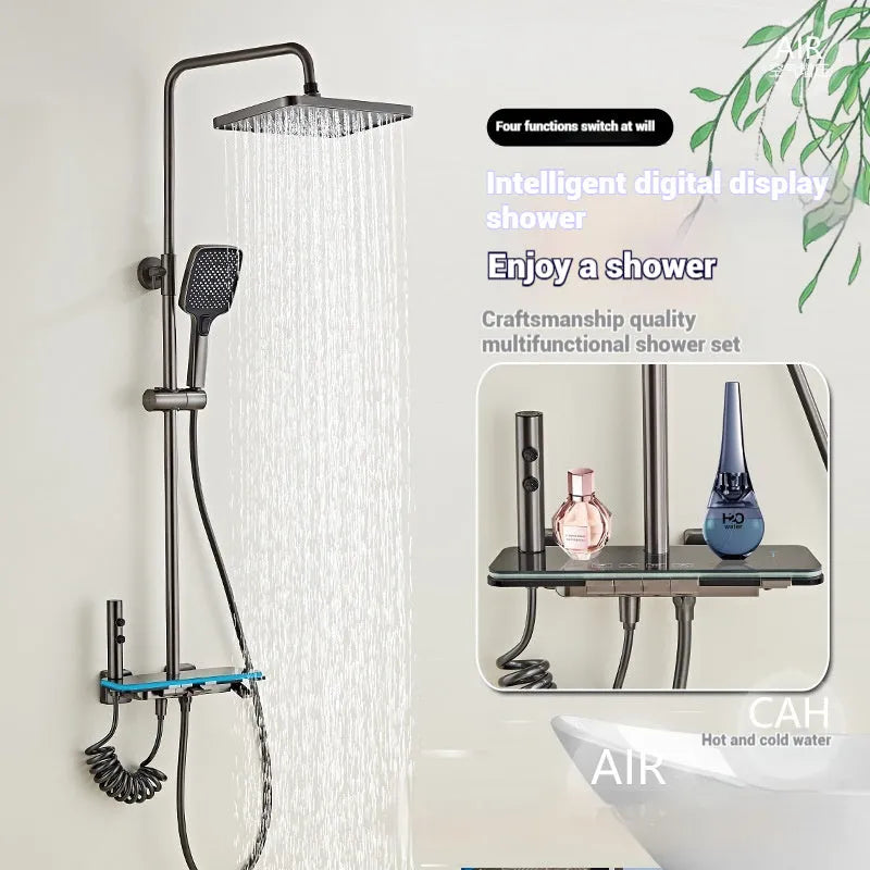 Aluminium digital display shower head set with temperature control and four hot/cold gear settings