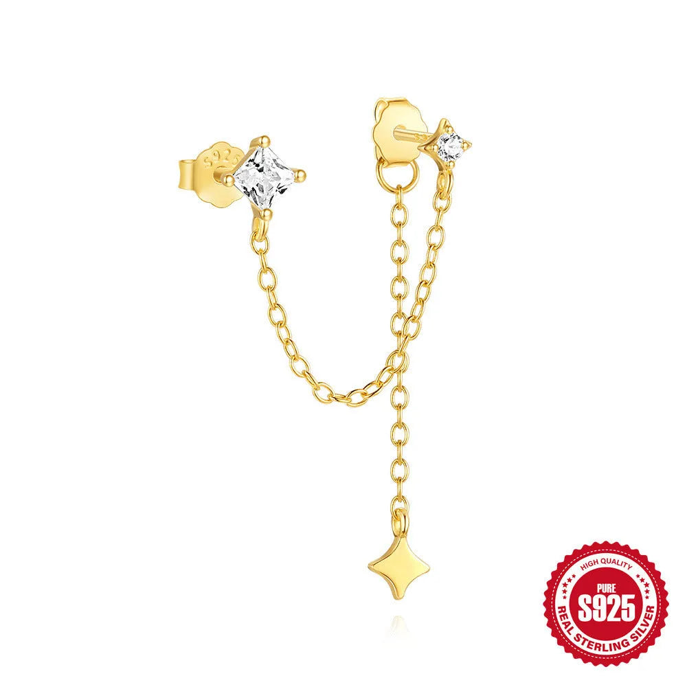 S925 sterling silver earrings with golden finish and inlaid zircon in geometric shapes including clover and crown designs