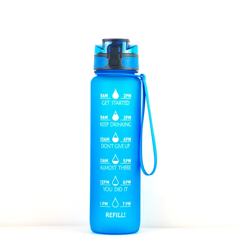 Clear 1000ml Tritan sports water bottle with blue lid and infuser inside, showing measurements.
