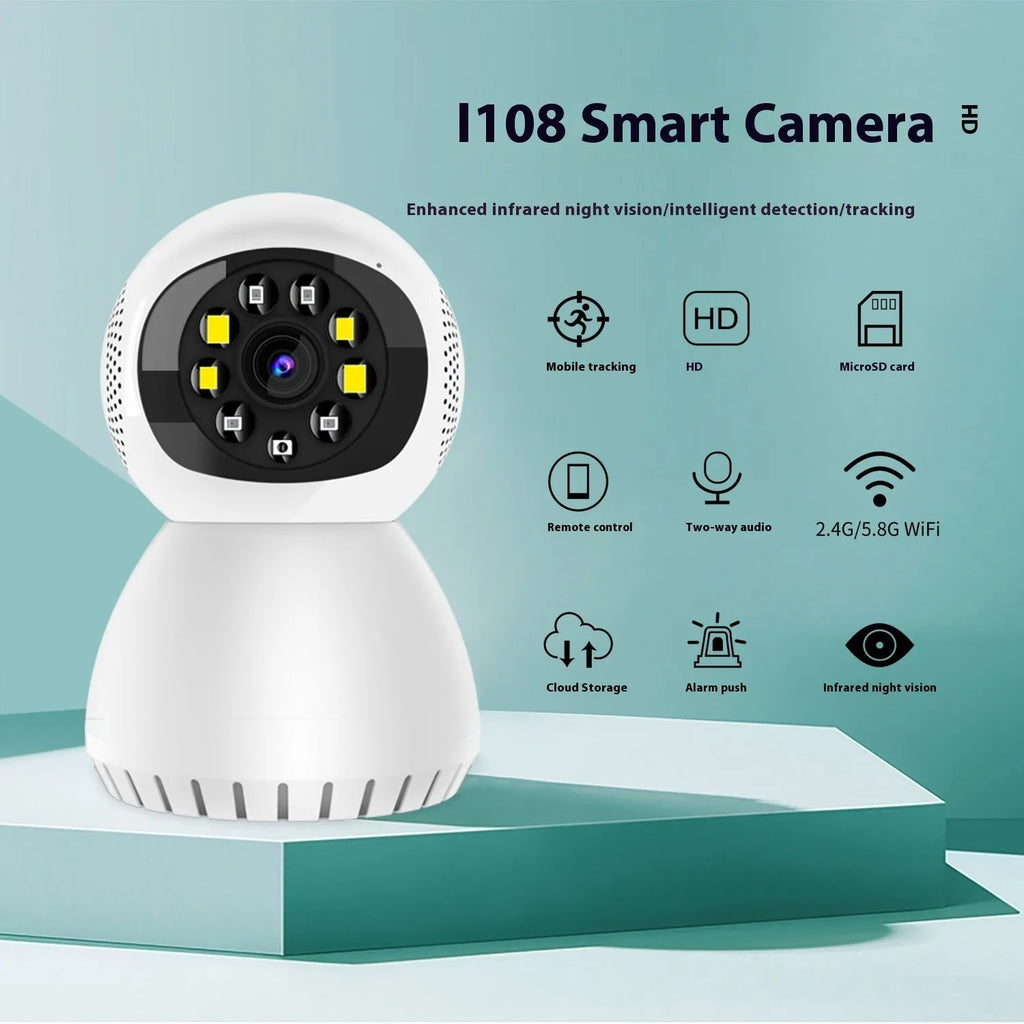 Dual-frequency wireless monitor camera with 1080p HD resolution, 12mm lens, and compact ABS design for home security.
