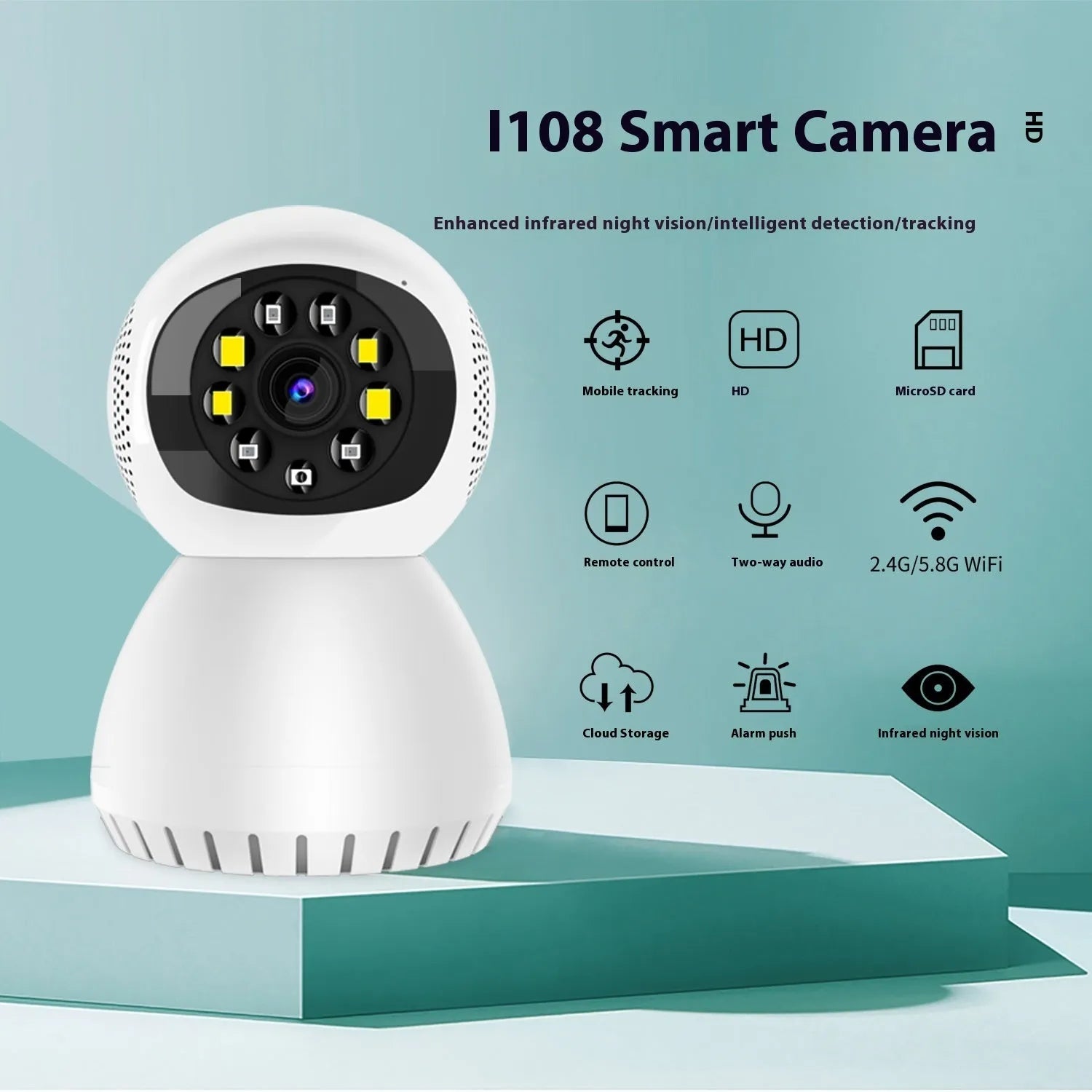 Dual-frequency wireless monitor camera with 1080p HD resolution, 12mm lens, and compact ABS design for home security.