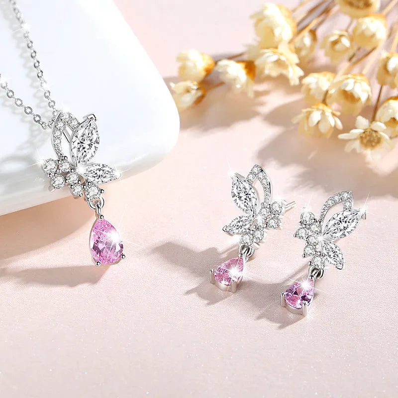 Butterfly design silver stud earrings with crystal accents on 925 silver backing for women