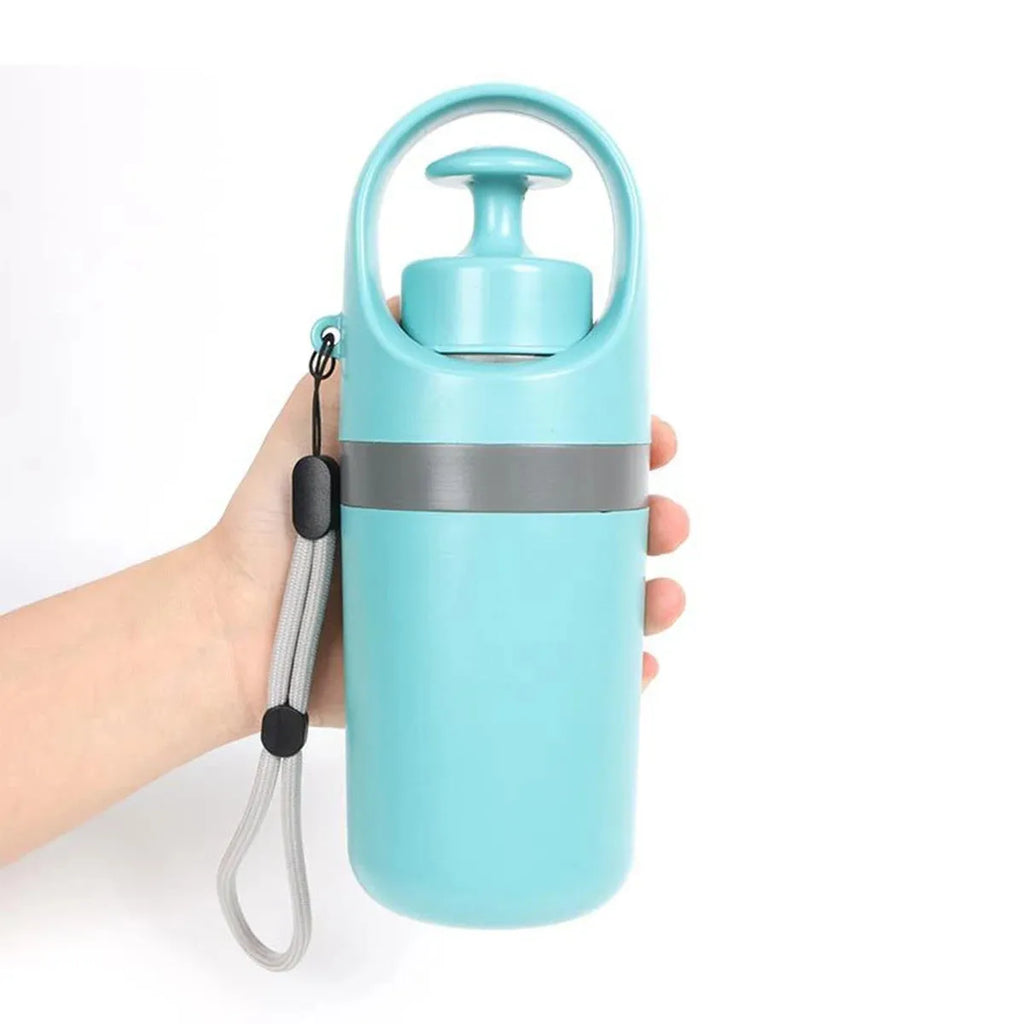 Blue and orange portable pet waste scooper with claw mechanism and built-in bag dispenser