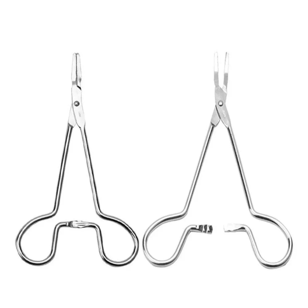 Silver stainless steel pet grooming tweezers with curved tip for ear hair removal and cleaning