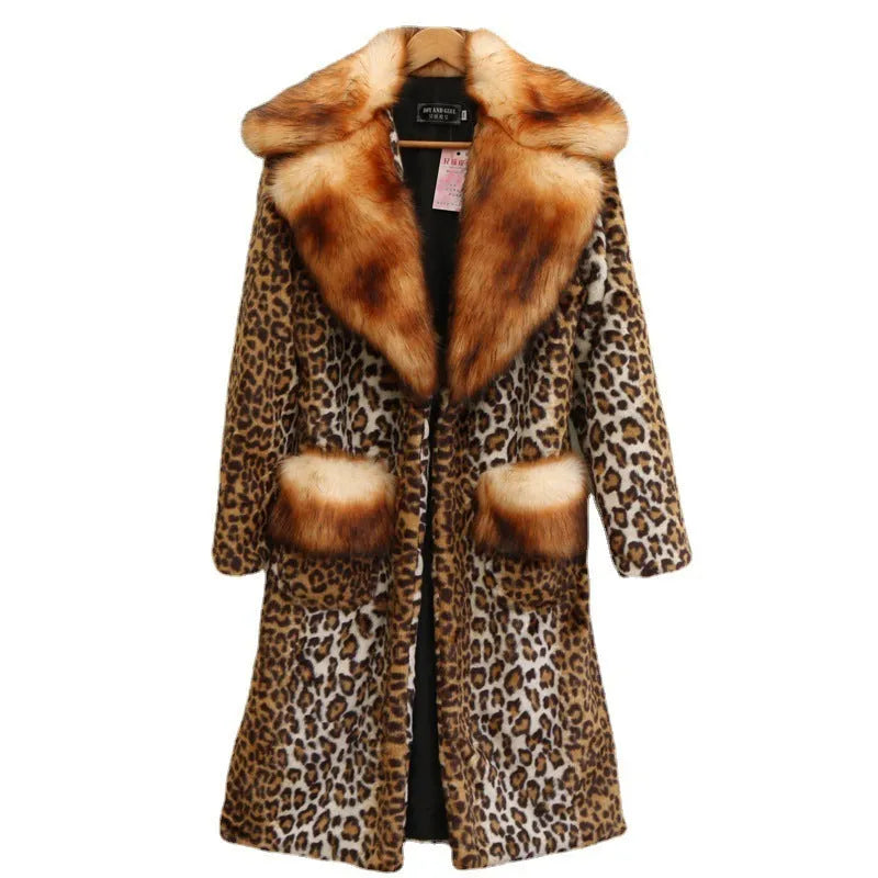 Long artificial fur jacket in leopard print, 80cm length, regular sleeves, for women's street fashion