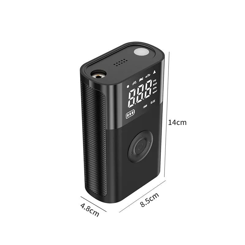 Wireless handheld digital display air pump with LCD screen showing tyre pressure, three nozzles, and charging cable