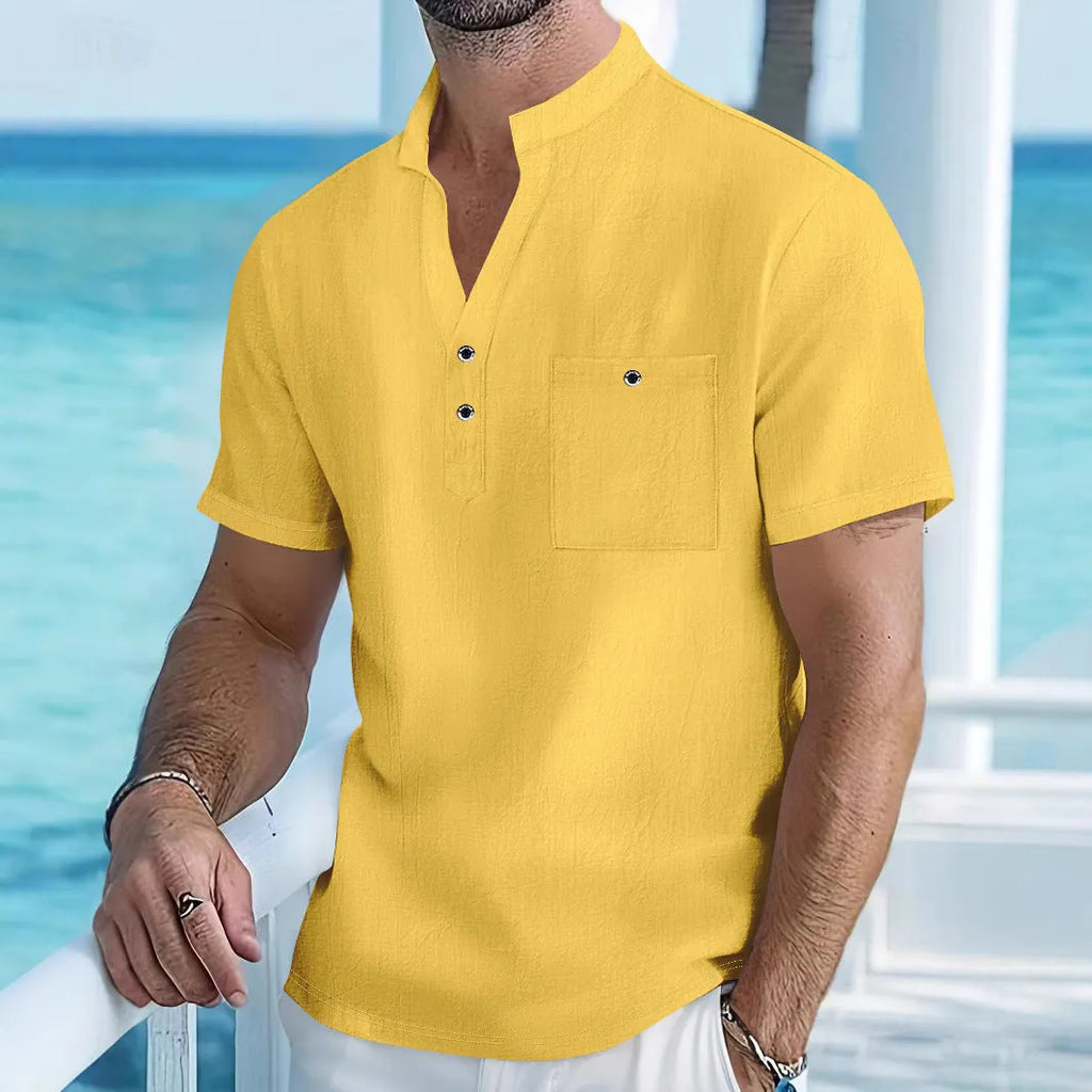 Men's loose-fit linen stand collar T-shirt in solid colour with short sleeves, shown in apricot on a hanger.
