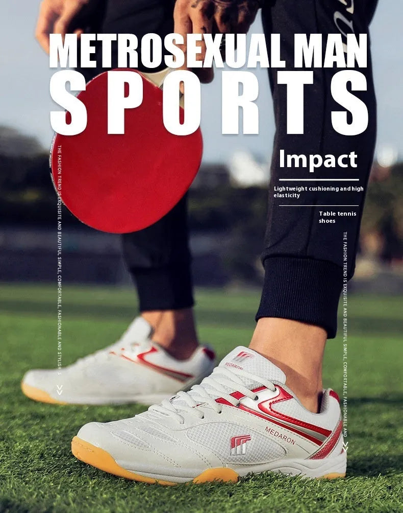 White and red table tennis sneakers with synthetic leather upper and lace-up front.