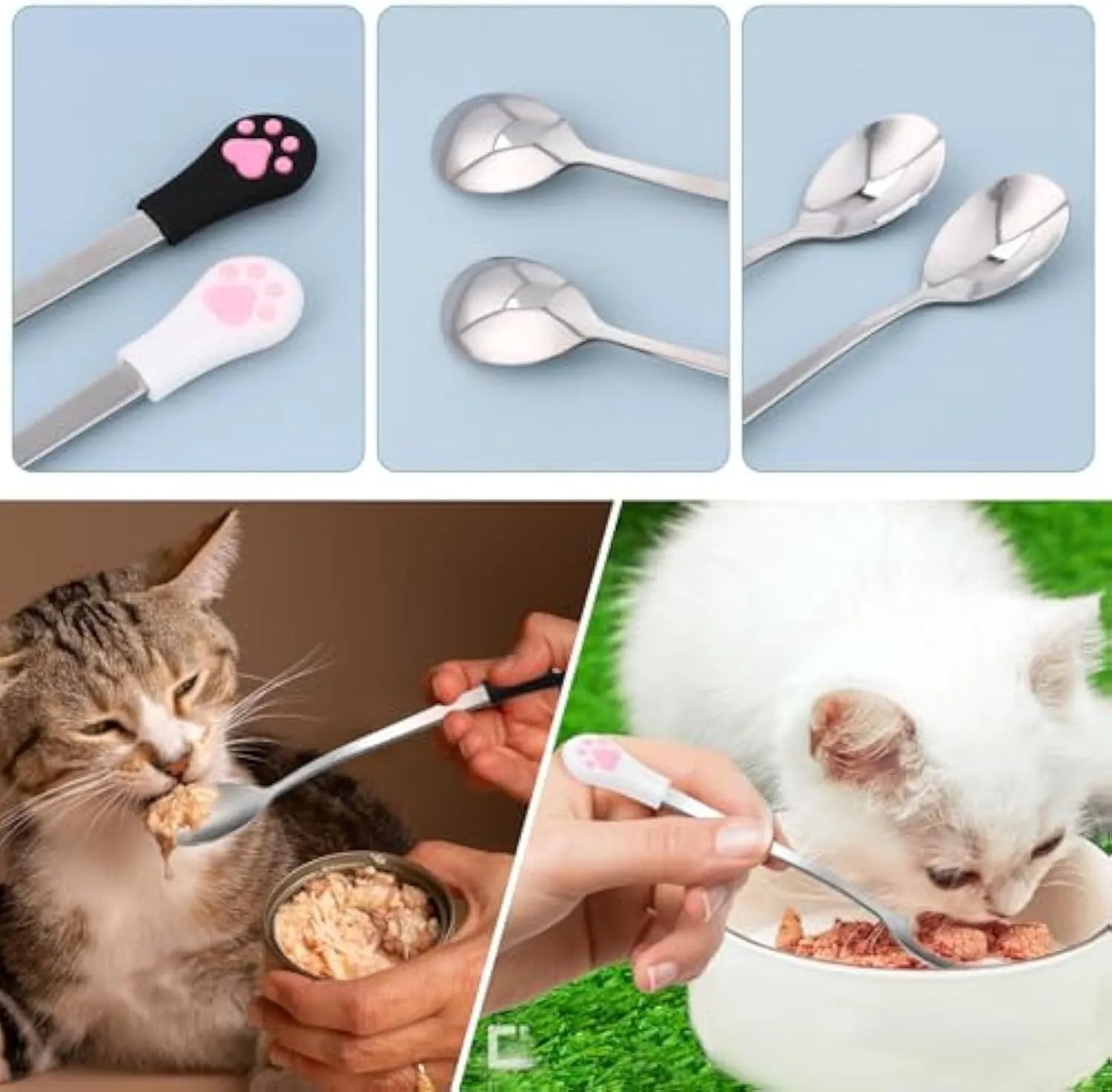 White and black stainless steel pet food spoons with cat paw print and silicone handle